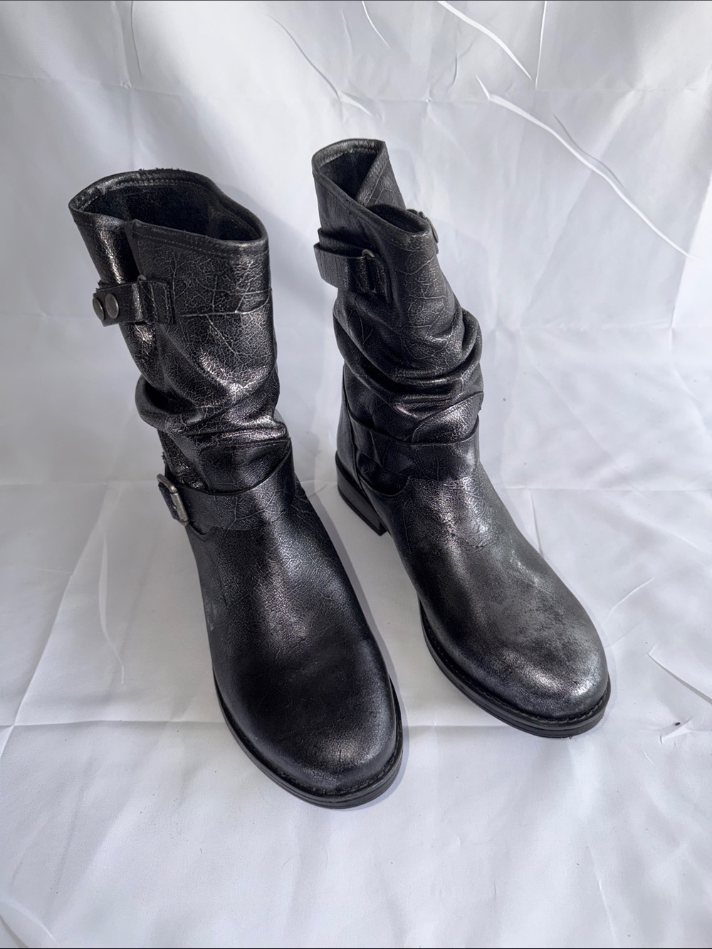 Eric Michael Laguna Metallic Pewter Leather Slouch Moto Boots Buckle